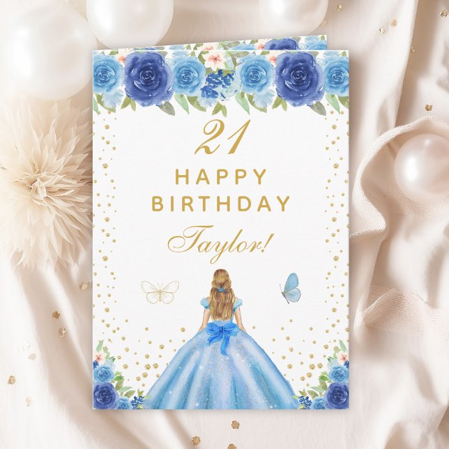Blue Floral Blonde Hair Girl Happy Birthday Card (Creator Uploaded)