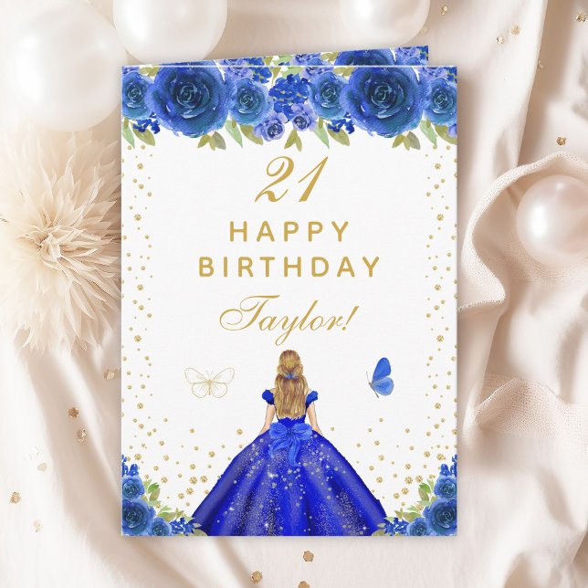 Blue Floral Blonde Hair Girl Happy Birthday Card (Creator Uploaded)