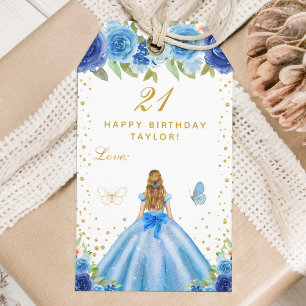 Blue Floral Blonde Hair Girl Happy Birthday Gift Tags
