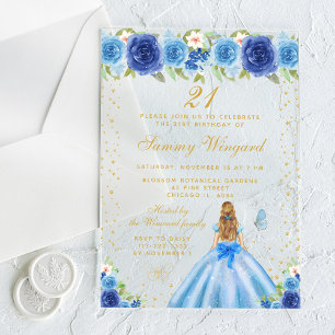 Blue Floral Blonde Hair Princess Birthday Party Acrylic Invitations