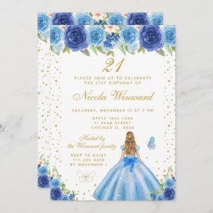 Blue Floral Blonde Hair Princess Birthday Party Invitation