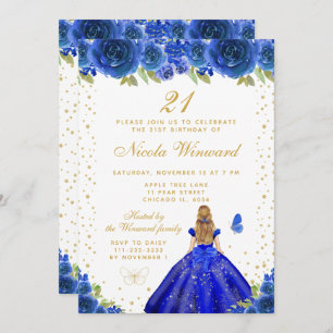 Blue Floral Blonde Hair Princess Birthday Party Invitation