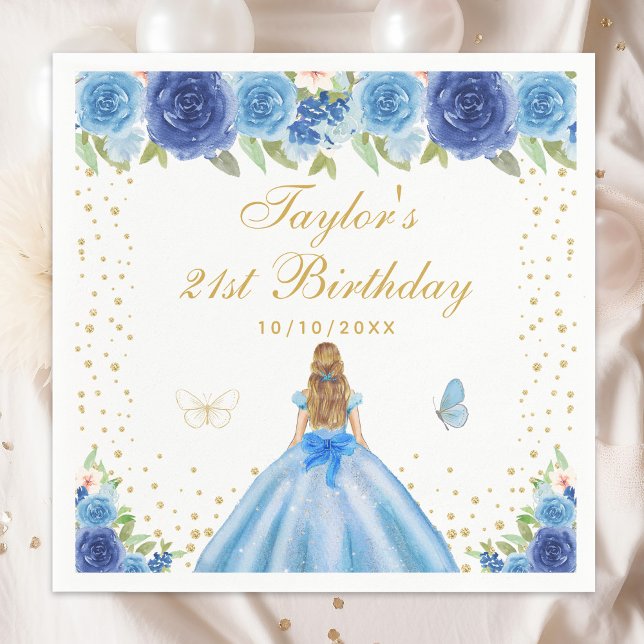 Blue Floral Blonde Hair Princess Birthday Party Napkin (Creator Uploaded)