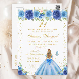 Blue Floral Blonde Hair Princess Birthday Party Postcard