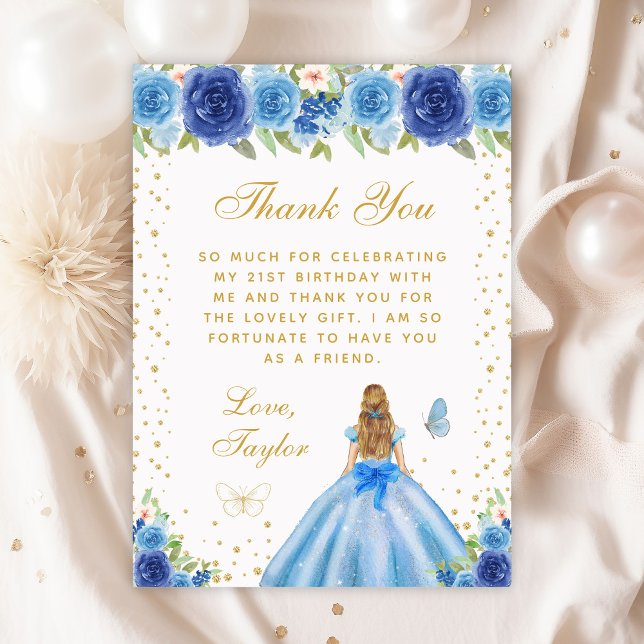 Blue Floral Blonde Hair Princess Birthday Party Thank You Card (Creator Uploaded)