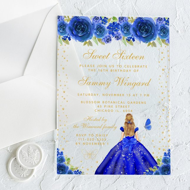 Blue Floral Blonde Hair Princess Sweet Sixteen Acrylic Invitations (Creator Uploaded)
