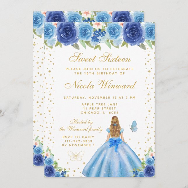 Blue Floral Blonde Hair Princess Sweet Sixteen Invitation (Front/Back)