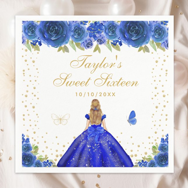 Blue Floral Blonde Hair Princess Sweet Sixteen Napkin (Creator Uploaded)