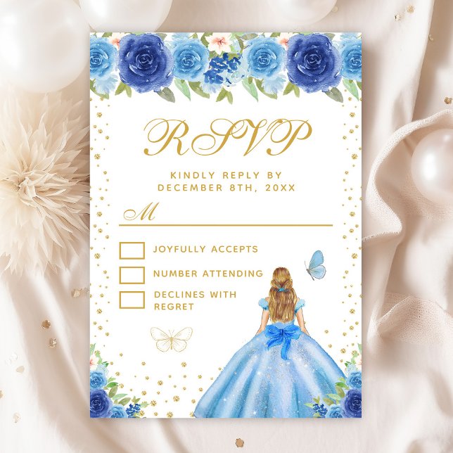 Blue Floral Blonde Hair Princess Sweet Sixteen RSVP Card (Creator Uploaded)