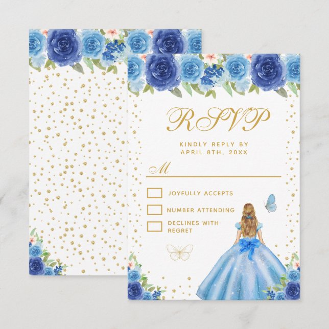 Blue Floral Blonde Hair Princess Sweet Sixteen RSVP Card (Front/Back)