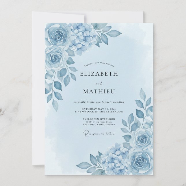 Blue Floral Bloom Wedding Invitation (Front)