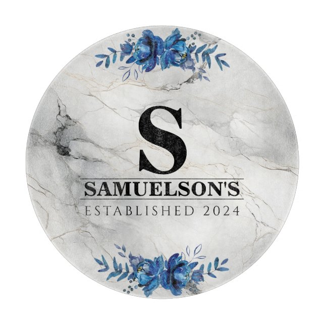 Blue Floral Blossom Beauty Marble  Cutting Board (Front)