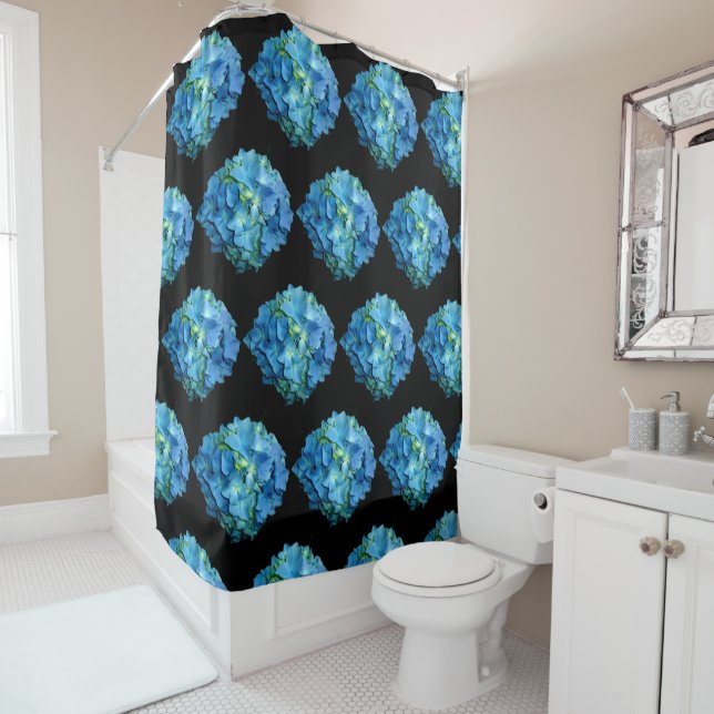 Blue floral blue flowers blue Hydrangea Shower Curtain (In Situ)