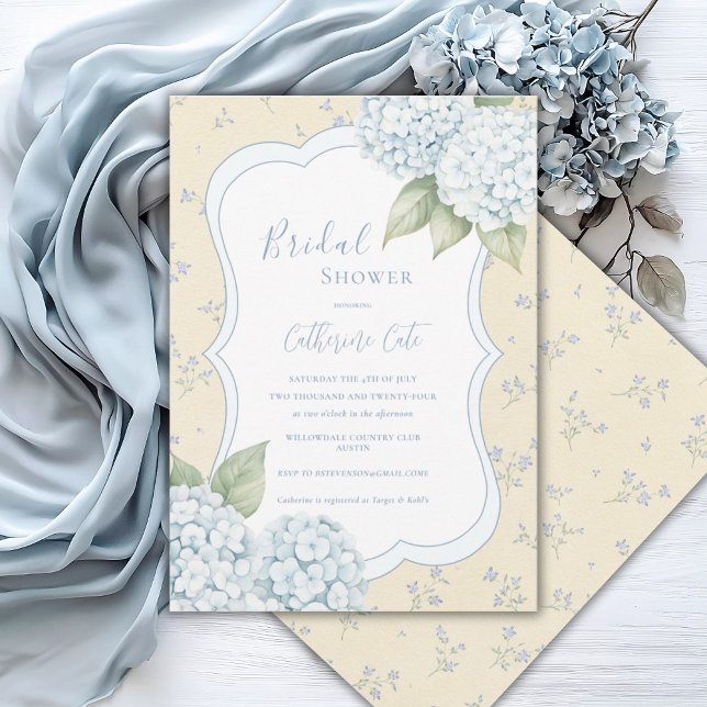 Blue Floral Blue Hydrangea Yellow Bridal Shower  Invitation (Creator Uploaded)