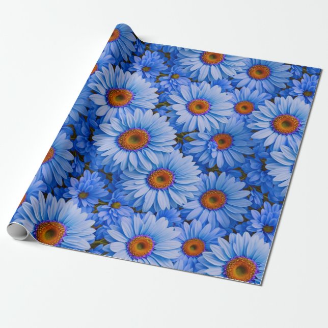 Blue floral blue sunflowers blue daisies pattern  wrapping paper (Unrolled)