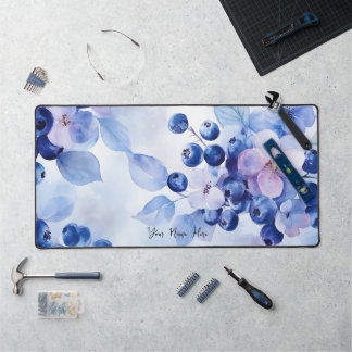Blue Floral Blueberry Custom Name Desk Mat