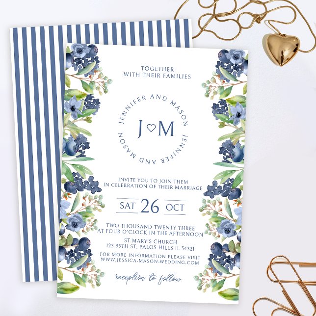 Blue floral blueberry monogram wedding invitation (Creator Uploaded)