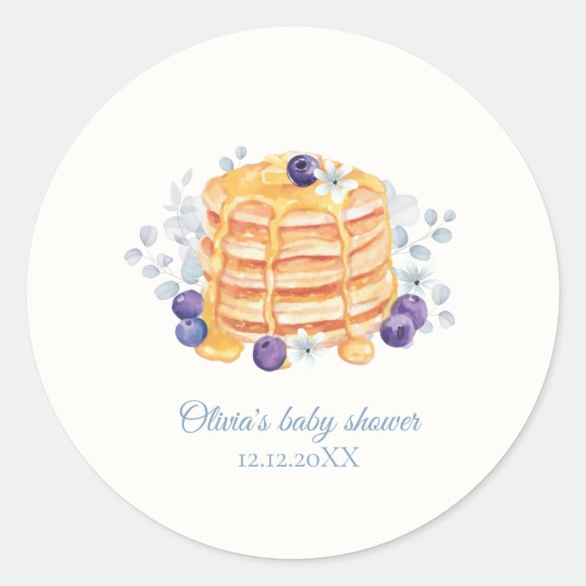 Blue Floral Blueberry Pancake Brunch Baby Shower Classic Round Sticker (Front)