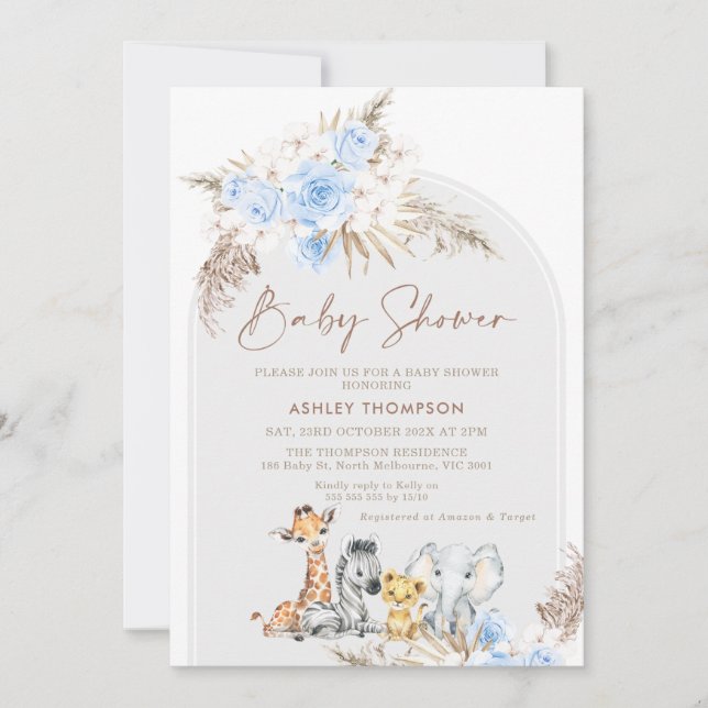 Blue Floral Boho Arch Safari Baby Shower Invitation (Front)