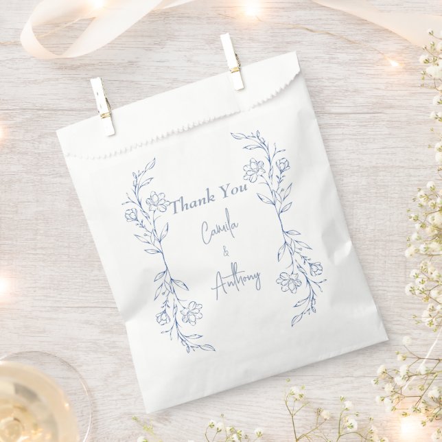 Blue Floral Boho Side Border Wedding Favour Bags (Clipped)