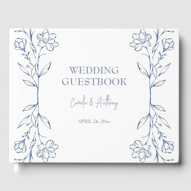 Blue Floral Boho Side Border Wedding Guest Book (Front)