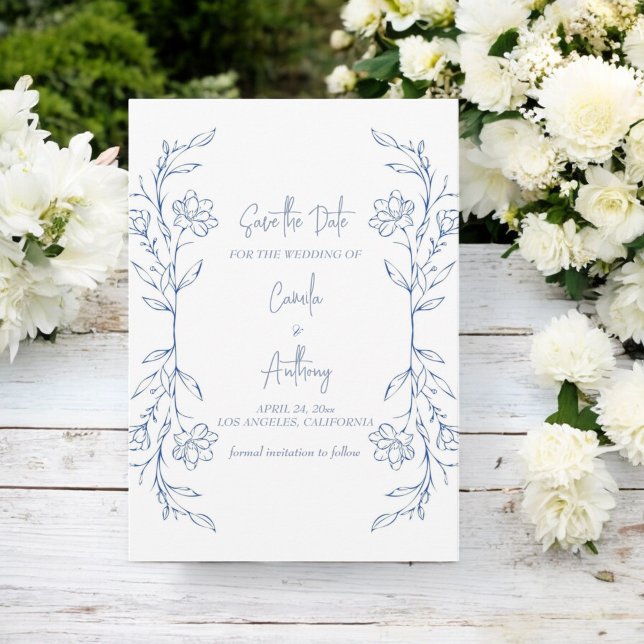 Blue Floral Boho Side Border Wedding Invitation (Creator Uploaded)