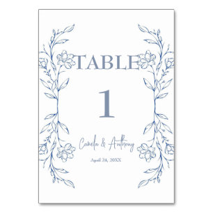 Blue Floral Boho Side Border Wedding Table Number
