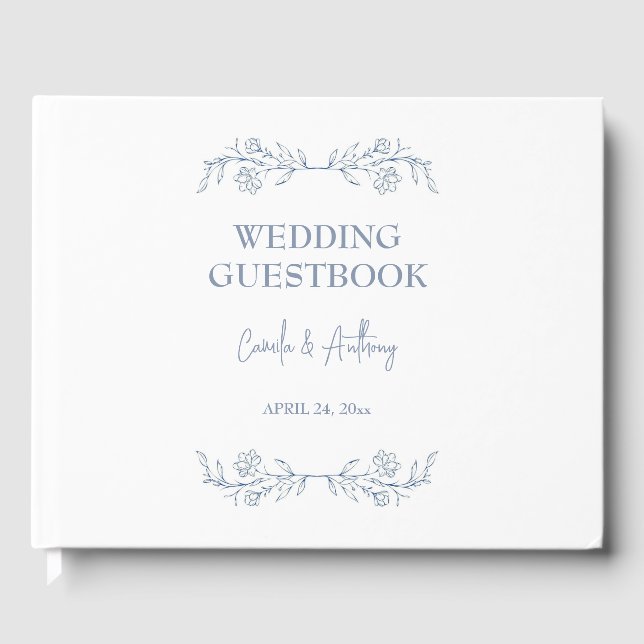 Blue Floral Boho Top Border Wedding Guest Book (Front)