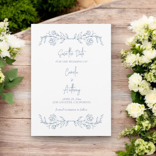 Blue Floral Boho Top Border Wedding Invitation