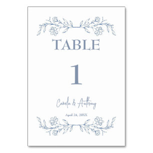 Blue Floral Boho Top Border Wedding Table Number
