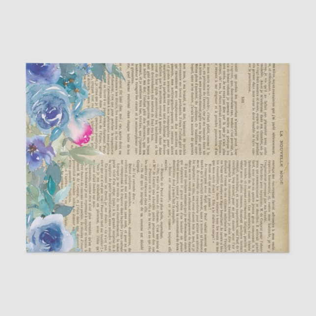 Blue Floral Book Page Decoupage Tissue Paper (Front)