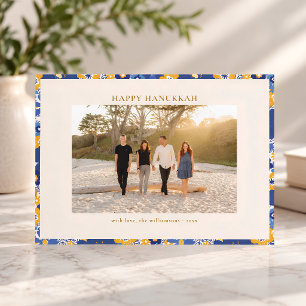 Blue Floral Border Family Photo Hanukkah Holiday Card