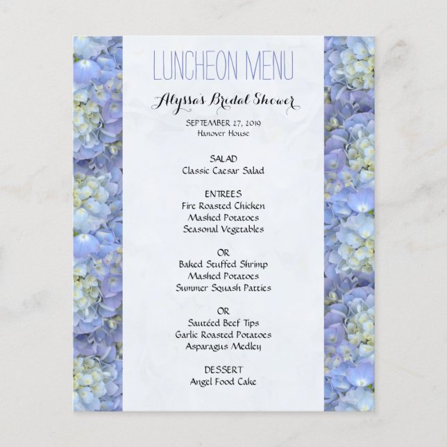 Blue Floral Border Shower Luncheon Menu (Front)