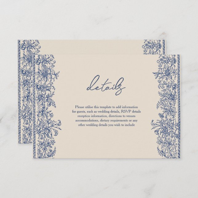 Blue floral border wedding  enclosure card (Front/Back)