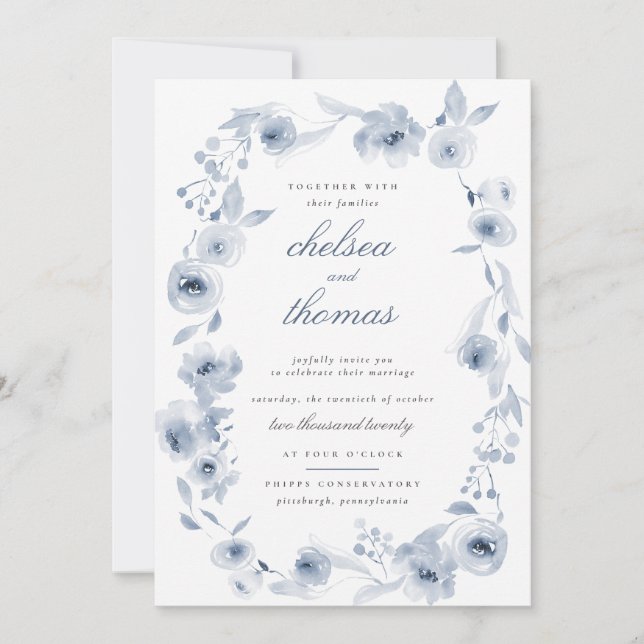 Blue Floral Border Wedding Invitation (Front)