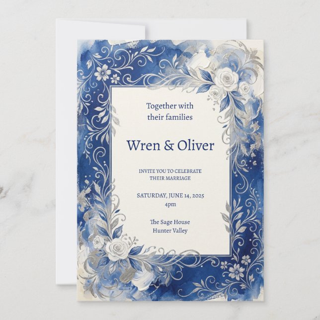 Blue Floral Botanical Roses Wedding Invitation (Front)