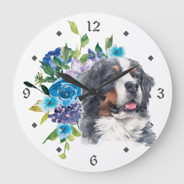 Blue Floral Bouquet Bernese Mountain Dog Large Clock (Front)
