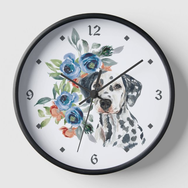 Blue Floral Bouquet Dalmatian Dog Clock (Front)