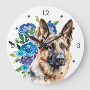 Blue Floral Bouquet German Shepherd Dog Large Clock