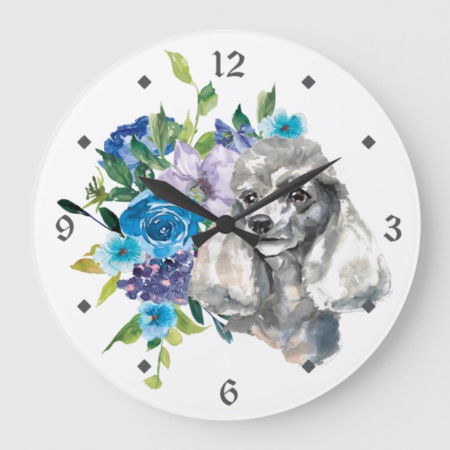 Blue Floral Bouquet Grey Poodle Dog Large Clock (Front)