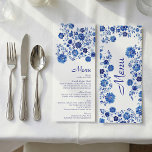 Blue Floral Bouquet Wedding Dinner Menu Card<br><div class="desc">Elevate your wedding reception with this dusty blue chinoiserie menu card, showcasing intricate floral borders framing a sophisticated dinner menu from soupe au pistou to chocolate cake with hazelnut macarons. The elegant serif text and porcelain inspired design deliver timeless sophistication ideal for formal, coastal, or garden celebrations. Perfectly coordinates with...</div>