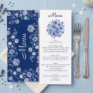 Blue Floral Bouquet Wedding Dinner Menu Card