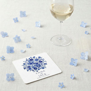 Blue Floral bouquet Wedding thank you Square Paper Coaster