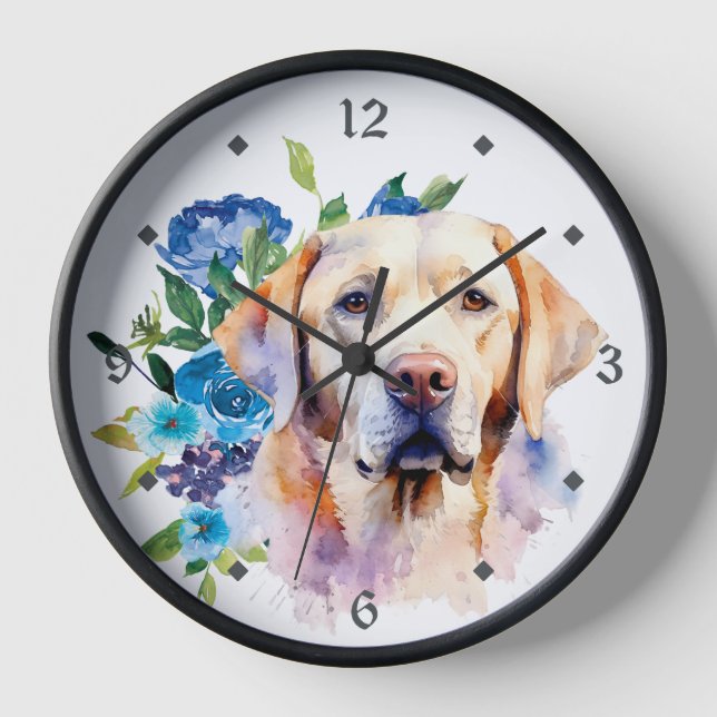 Blue Floral Bouquet Yellow Labrador Retriever Dog Clock (Front)