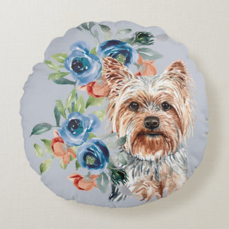 Blue Floral Bouquet Yorkshire Terrier Round Cushion