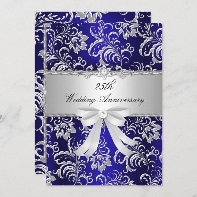 Blue Floral & Bow 25th Wedding Anniversary Invite (Front/Back)