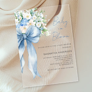 Blue Floral Bow Baby In Bloom Baby Shower Acrylic Invitations