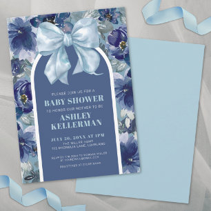 Blue Floral Bow Boy Baby Shower Invitation