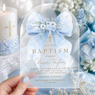 Blue Floral Bow Boy Baptism Acrylic Invitations