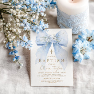 Blue Floral Bow Boy Baptism Invitation